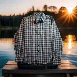 Cinch Modern Fit Button Up Long Sleeve Plaid Mens Knit Shirt XS Blue & Black 990